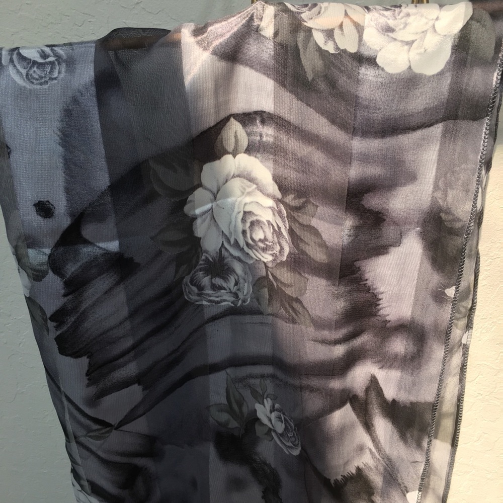 Sheer Floral Roses Scarf Black Gray Rectangular - Picture 3 of 5